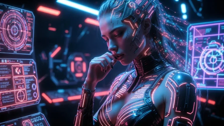 Cyborg woman with circuit-pattern tattoos surrounded by technical AI schematics — image-to-video tutorial illustration