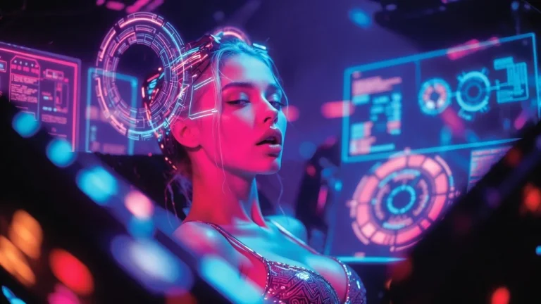 Cyberpunk AI woman surrounded by holographic dashboards comparing image-to-video and text-to-video AI generation approaches
