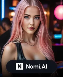Nomi AI companion with pink hair in a neon-lit bar setting — illustrating the AI girlfriend with memory and a soul positioning of Nomi AI in 2026