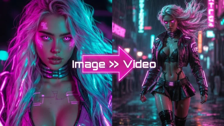 Cyberpunk woman portrait transformed into video: visual representation of image-to-video AI porn technology