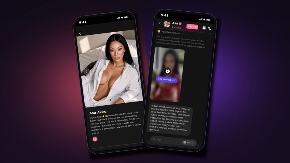 Asa Akira's digital twin on Candy AI: her mobile profile and her first chat message